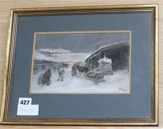 Russian School, pastel on paper, Figures loading a troika, indistinctly signed,14.5 x 23cm